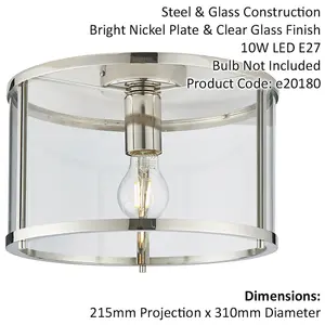 Bright Nickel Semi Flush Ceiling Light & Clear Glass Shade - Low Ceiling Fitting