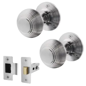 AFIT Beehive Door Knob Set Satin Chrome - 1 Pair of Reeded Mortice Knobs (55mm) & Latch (76mm) for Internal Doors