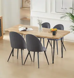 Hallowood Furniture Cullompton Large Dining Table Live Edge Effect Top (1.6m) with 4 Grey Fabric Rounded Backrest Chairs