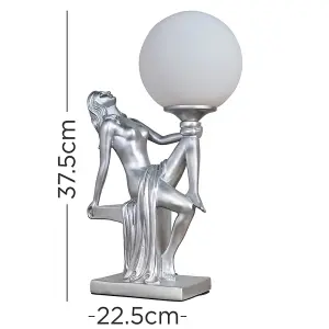 ValueLights Matilda Matt Silver Art Deco Table Lamp with White Opal Glass Globe Shade