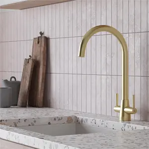 Liquida LU409BR Monobloc Swan Neck Twin Lever Brushed Brass Kitchen Mixer Tap