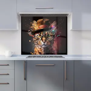 Bengal Cat With Glasses Splashart Premium Glass Kitchen Splashback W700mm x H750mm