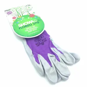 Showa Floreo 370 Gardening Gloves - Lightweight Multipurpose Outdoor Garden Gloves, Nitrile Easy Grip Coating, Medium Purple Pk3