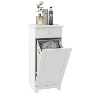 HOMCOM Bathroom Cabinet with Folding Laundry Hamper and Drawer, White