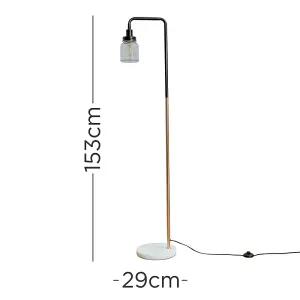 ValueLights Talisman Black/Copper Metal & White Marble Base Floor Lamp with Clear Glass Ribbed Design Jar Shade and 4w LED Bulb