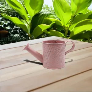 Watering Can Metal 0.65L Pastel Pink Planter 10cm Long Spout Emboss Leaf Garden