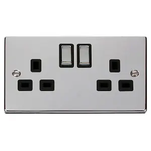 Polished Chrome 2 Gang 13A DP Ingot Twin Double Switched Plug Socket - Black Trim - SE Home