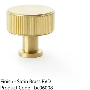 Round Reeded Door Knob - 35mm Diameter Satin Brass Lined Cupboard Pull Handle