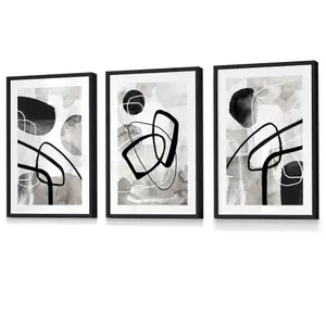 Set of 3 Abstract Black Grey Watercolour Shapes Wall Art Prints / 30x42cm (A3) / Black Frame