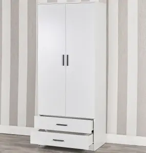 URBNLIVING 180cm Tall 2 Door Wardrobe With 2 Drawers White Carcass and White Drawers Bedroom Storage Hanging Bar Clothes