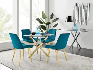 Furniturebox UK 4 Seater Dining Set - Novara 100cm Gold Round Glass Dining Table and Chairs - 4 Blue Velvet Pesaro Gold Chairs