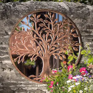 Tree of Life Copper Effect Outdoor Garden Wall Mirror - Bronze Distressed Decor with Robin Love Birds Makes a Great Memorial