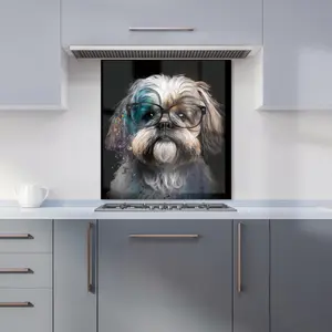 Lhasa Apso With Glasses Splashart Premium Glass Kitchen Splashback W700mm x H650mm