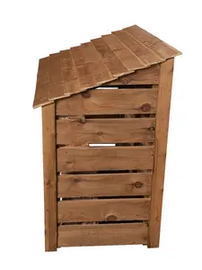 Slatted wooden log store with door and kindling shelf W-146cm, H-126cm, D-88cm - brown finish