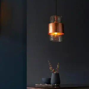 Luminosa Palermo Slim Pendant Ceiling Light Hammered Copper Plate, Textured Clear Glass