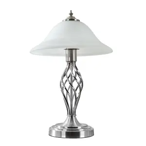 ValueLights Memphis Satin Nickel Barley Twist Table Lamp with Frosted Alabaster Shade - Complete with 6w LED Bulb In Warm White