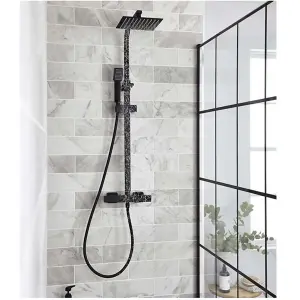 Matt Black Finish Round Thermostatic Bar Mixer Shower With Overhead Drencher & Sliding Handset (Sea) - 2 Shower Heads