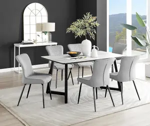 Furniturebox UK Carson White Marble Effect Dining Table & 6 Light Grey Nora Black Leg Chairs