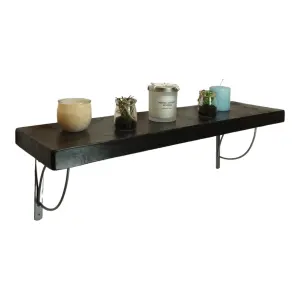 Solid Wood Handmade Rustical Shelf Black Ash 175mm 7 inch with Silver Metal Bracket TRAMP Length of 110cm