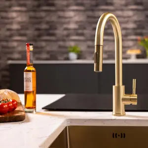 Flode Runda Kitchen Sink Mixer with Pull out Spray Brushed Brass Square Head