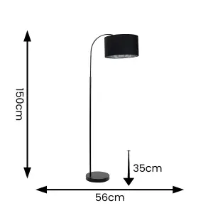 ValueLights Curva Black Arched Floor Lamp with Black Velvet & Chrome Inner Lamp Shade & Bulb