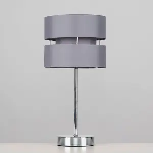 ValueLights Pair Of Modern Silver Chrome Bedside Table Lamps With Grey Shades