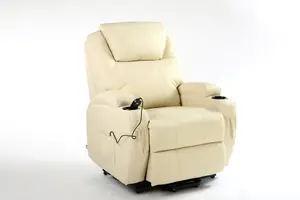 Rise Recliner Chair With Single Motor, Heat And Massage, Remote Control, Pocket Storage And Cup Holders In Cream Bonded Leather