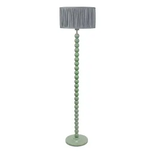 ValueLights Bobbins Sage Green Floor Lamp with Ruched Pleated Blue Drum Shade and LED Bulb