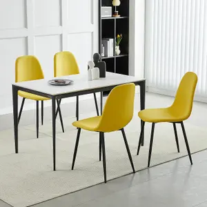 Set of 4 Yellow Linen Fabric Dining Chairs with Upholstered Seat and Metal Legs-Bella