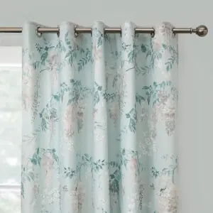 Wisteria Floral Print Pair of Duck Egg Pencil Pleat Curtains