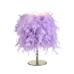 Modern and Chic Real Lilac Feather Table Lamp with Satin Nickel Base and Switch