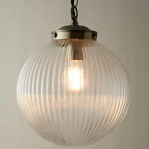 Hanging Ceiling Pendant Light BRASS & RIBBED GLASS Round Lamp Shade Bulb Holder