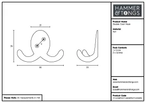 Hammer & Tongs - Double Coat Hook - W50mm x H35mm - Raw