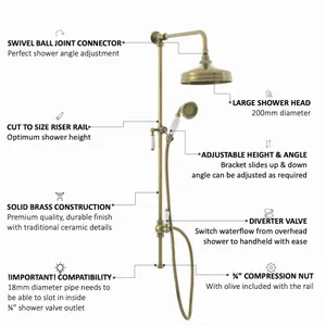 ENKI Downton Antique Brass Watercan Head Shower Riser Rail Kit RG045 200mm