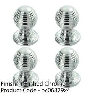 4 PACK - Reeded Ball Door Knob - 35mm Polished Chrome Lined Cupboard Pull Handle & Rose