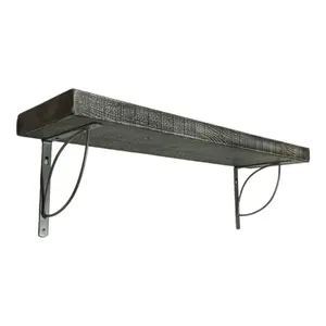 Solid Wood Handmade Rustical Shelf Monochrome 175mm 7 inch with Silver Metal Bracket TRAMP Length of 130cm