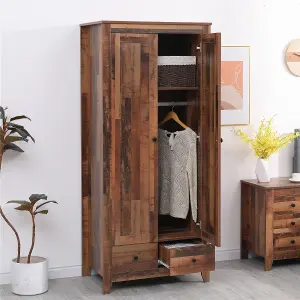 FurnitureHMD 2 Doors 2 Drawer Wardrobe Wooden Bedroom Storage Hanging Bar Clothes Organiser