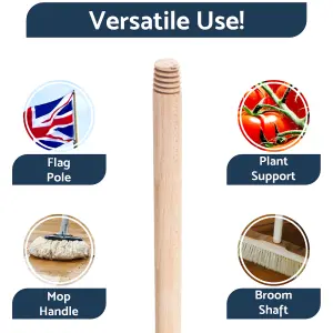 5 x Beech Wood Handle for Broom, Mop, Flag Pole, Plant Support - Threaded - 120 cm (3.94 ft) Long, 22 mm (7/8") Thick Shaft