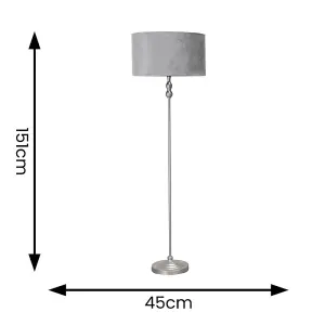 ValueLights Maggie Brushed Chrome Candlestick Floor Lamp with Grey Velvet Lamp Shade and LED Bulb