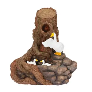 Hybrid Solar Powered White Goose Waterfall - Outdoor Garden Water Feature with Tree Stump & Geese Design - H50 x W50 x D40cm