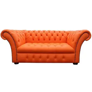 Chesterfield 2 Seater Buttoned Seat Mandarin Orange Leather Sofa Settee In Balmoral Style