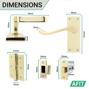 AFIT Polished Brass Victorian Scroll Bathroom Door Handle Set, 1 Pair of Internal Handles on Backplate, Hinges 76mm & Locks 64mm