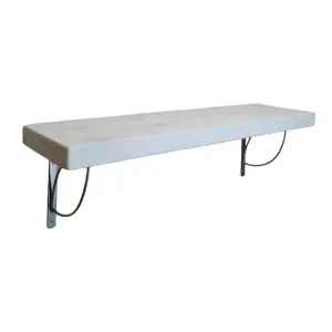 Solid Wood Handmade Rustical Shelf White 225mm 9 inch with Silver Metal Bracket TRAMP Length of 140cm