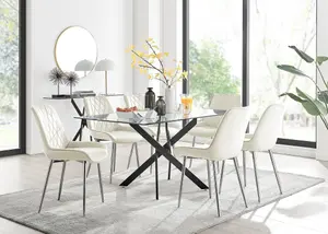 Furniturebox UK Leonardo Black Leg Glass Dining Table & 6 Cream Pesaro Silver Leg Chairs