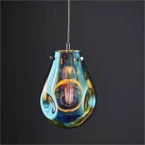 Hanging Ceiling Pendant Light - Petrol Blue Metallic Glass & Chrome Plate - 10W LED E27