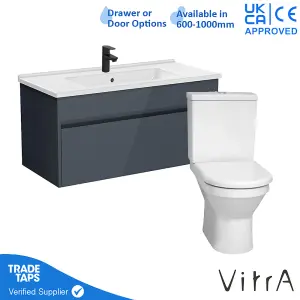 VitrA 1000mm Wall Hung Bathroom Vanity Unit with 1 Drawer Includes Basin, Black Tap and Close Coupled Toilet Set - Grey Gloss