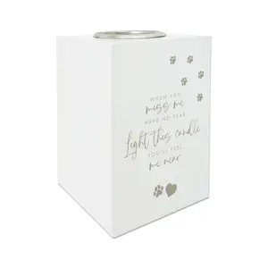 Pet Memorial Tea Light Holder - White Wooden Bereavement Candle Holder with Paw Prints, Heart Design, and Verse