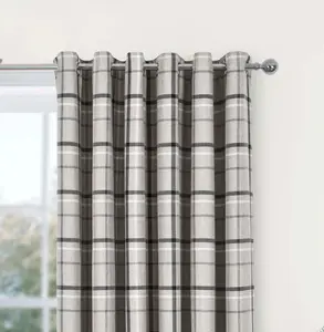 Home Curtains Hudson Woven Check Fully Lined 45w x 72d" (114x183cm) Grey Eyelet Curtains (PAIR)