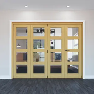 Vertical 0 panel 4 Lite Plain Clear Glazed Shaker Unfinished White oak effect Timber White oak veneer Internal Folding Door set, (H)2060mm (W)2369mm