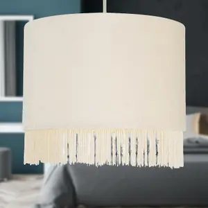 First Choice Lighting Set of 2 Fringed Off White 23cm Fringed Velvet Pendant Shades